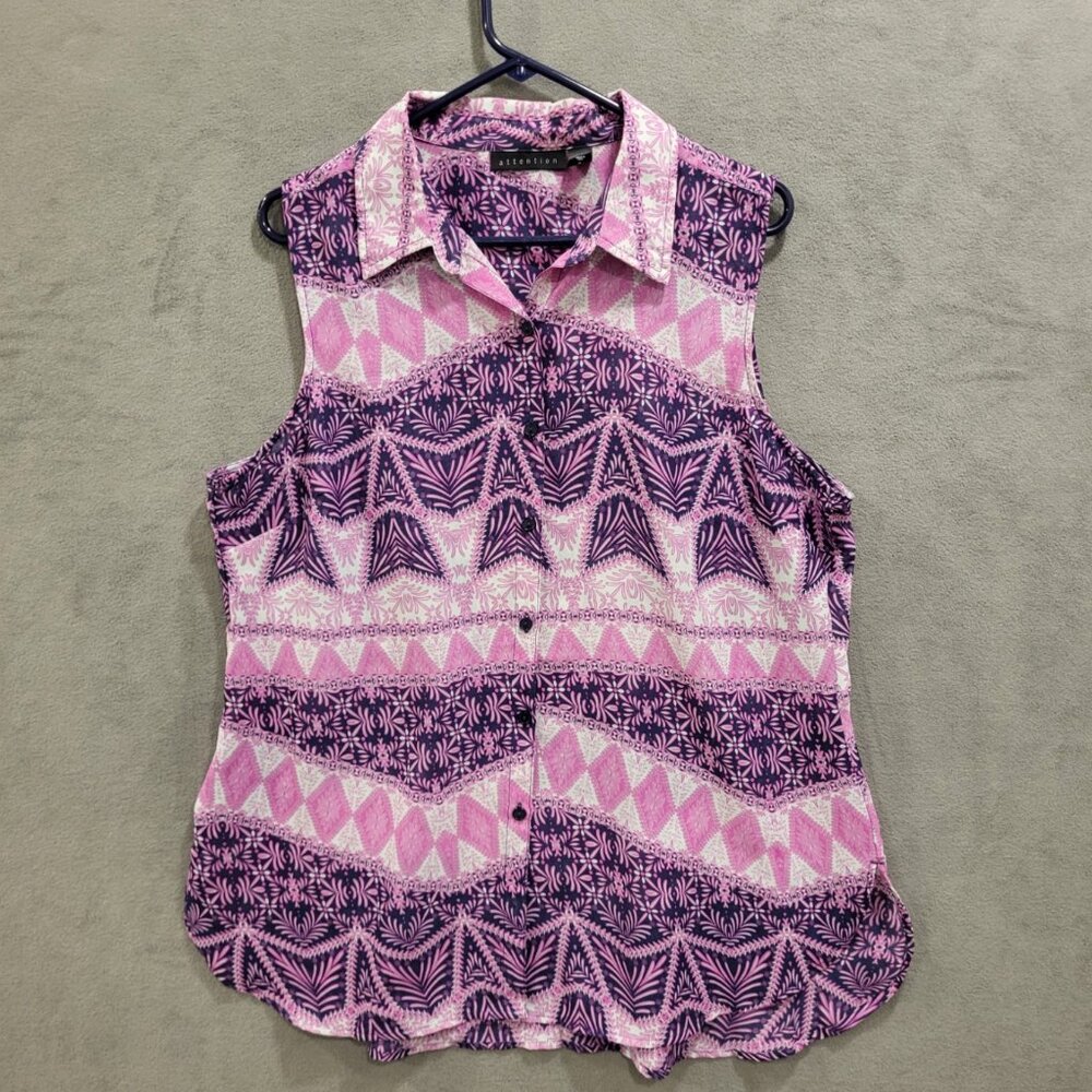 Attention Blouse Sleeveless‎ Womens Size XL Sheer Button-Up Top Colorful Casual